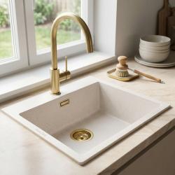 Sand White Sink 50x40 cm Under-Counter, Over-Counter with Gold Plug 1208970547